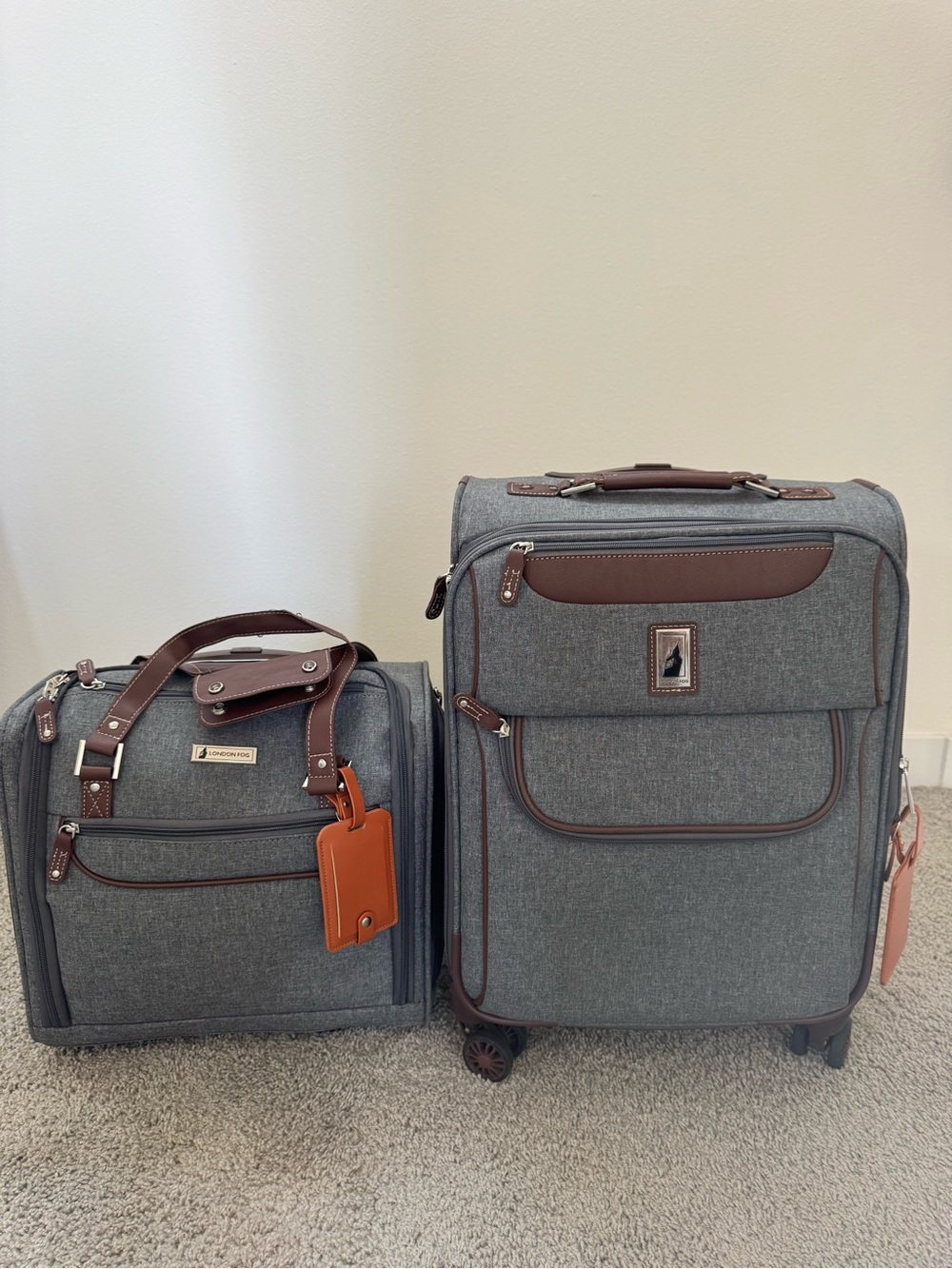 London Fog Gray Travel Luggage Set with Brown Trim - 2-Piece Spinner and Tote